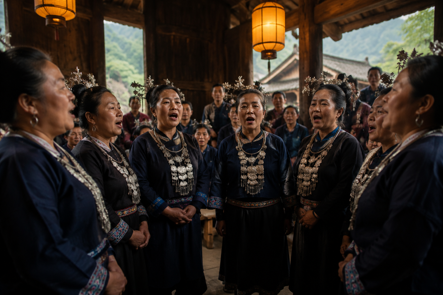 鼓楼前正在演唱侗族大歌的人们